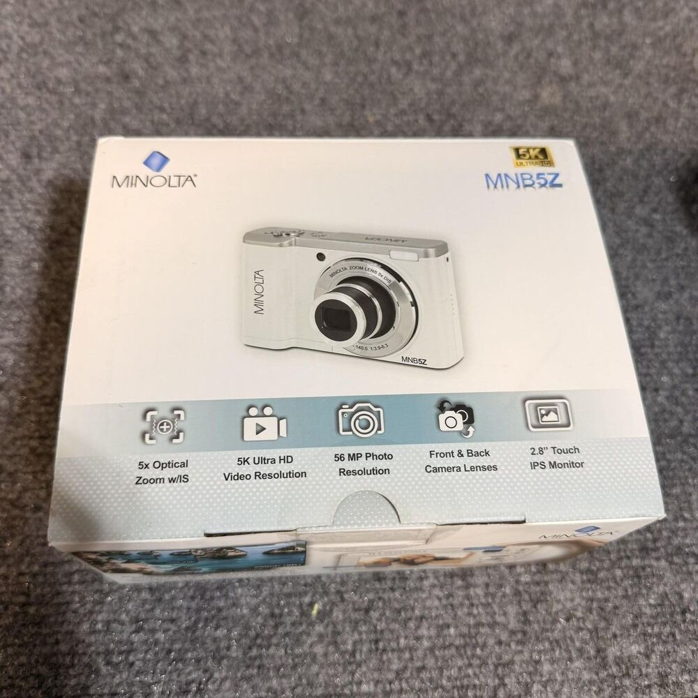 Minolta MNB5Z Digital Camera 56MP 5K UHD 5x Zoom 2.8" Touch White Compact